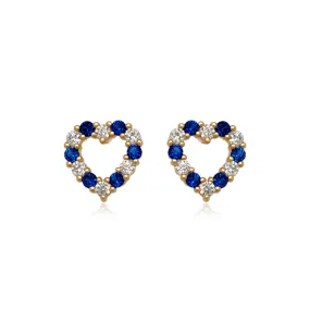 14k Gold Sapphire and Clear CZ Heart Stud Earrings