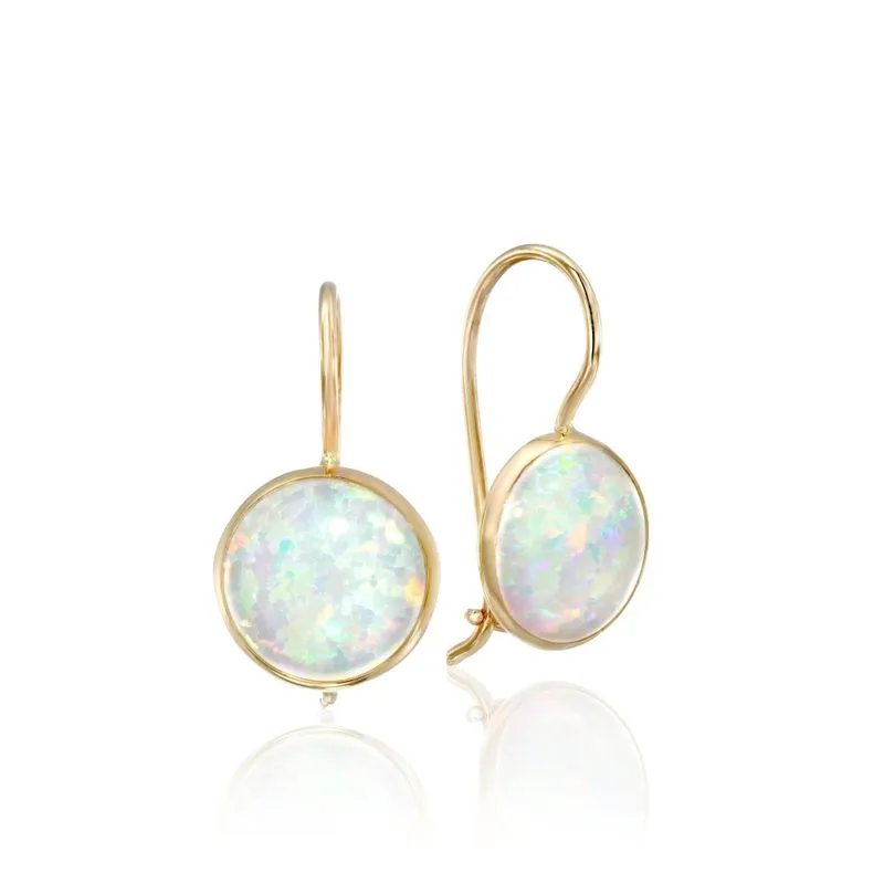 14K Yellow Gold Round White Opal 8mm Dangle Earrings