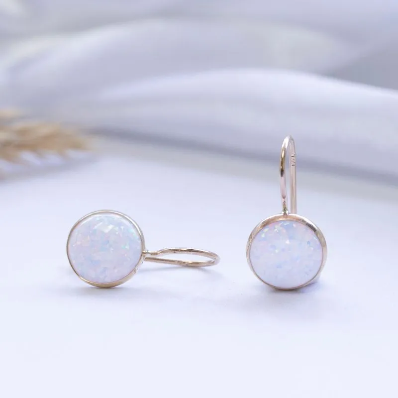 14K Yellow Gold Round White Opal 8mm Dangle Earrings