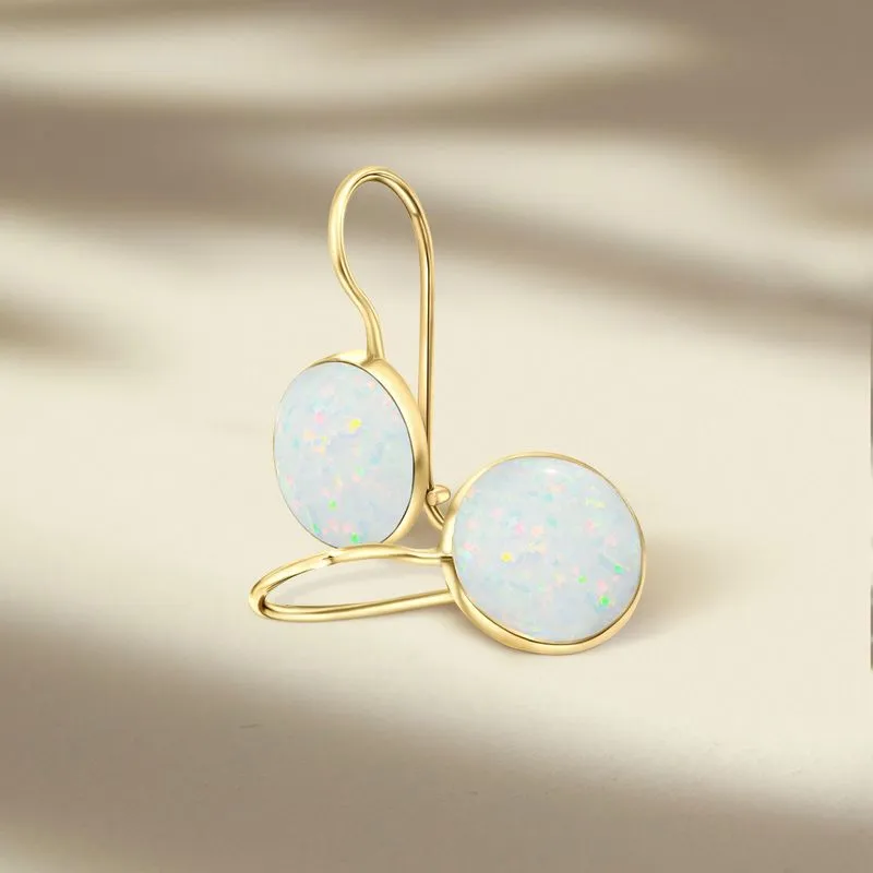 14K Yellow Gold Round White Opal 8mm Dangle Earrings