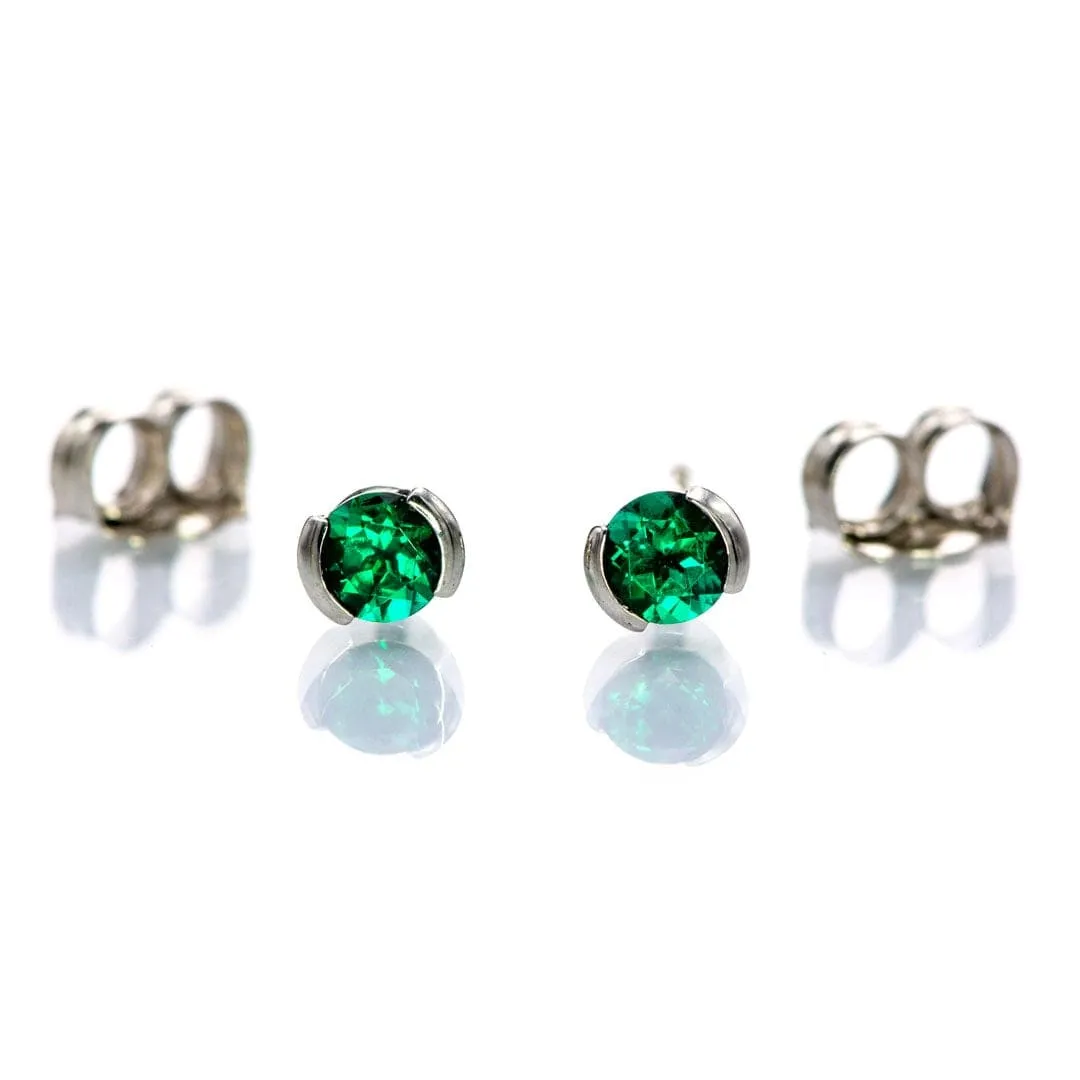 3mm Round Lab Emerald Half Bezel Stud Earrings