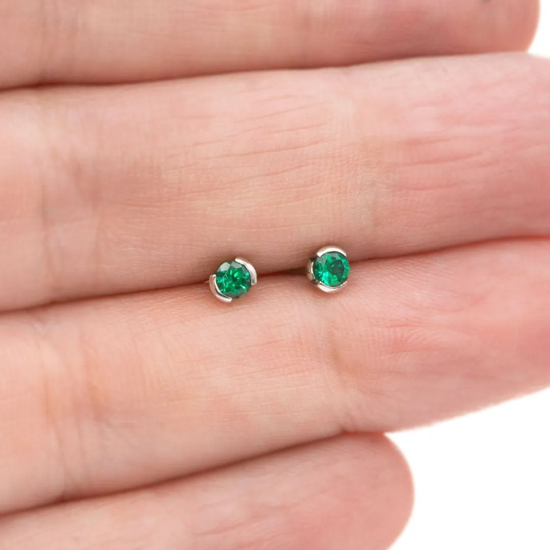 3mm Round Lab Emerald Half Bezel Stud Earrings