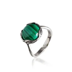 925 Sterling Silver Round Green Malachite 12mm Ring