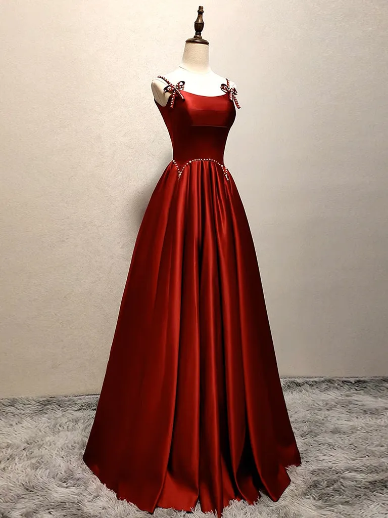 A-Line Satin Burgundy Long Prom Dress, Burgundy Long Formal Dress