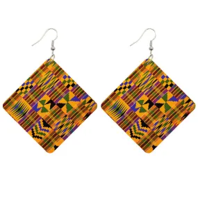 African Print Earrings | Square shaped Kente print wooden earrings