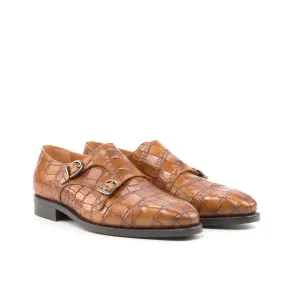 Ambrogio Bespoke Custom Men's Shoes Cognac Crocodile Print / Calf-Skin Leather Monk-Straps Loafers (AMB2195)