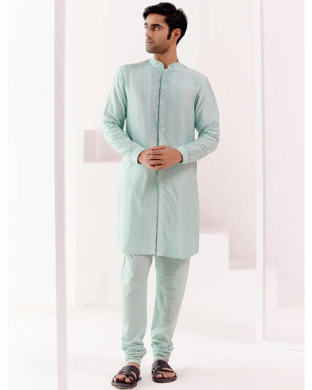 Aqua Front Open Self Embroidered Chanderi Kurta Set