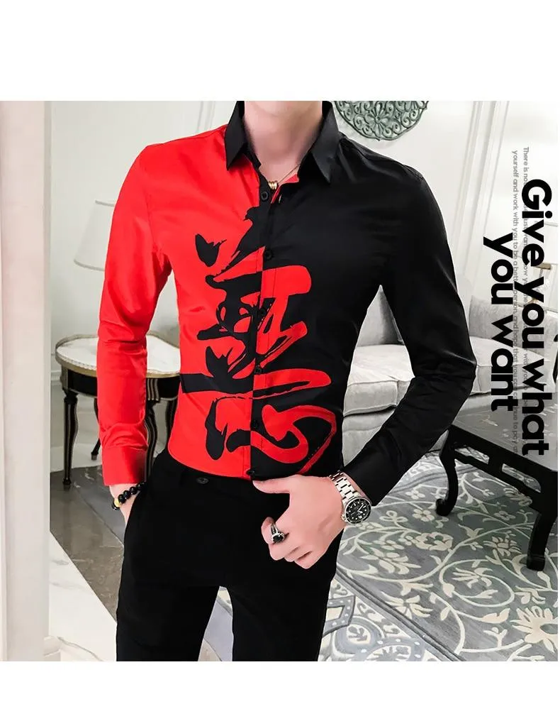 Autumn Casual Streetwear Men's Patchwork Long Sleeves Slim Fit Shirt