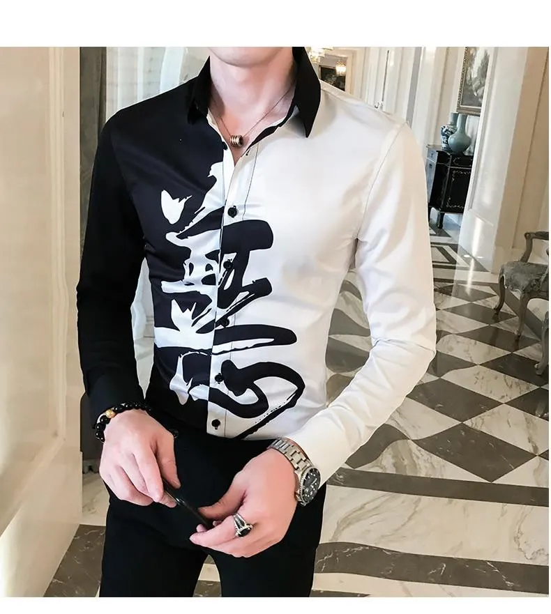 Autumn Casual Streetwear Men's Patchwork Long Sleeves Slim Fit Shirt