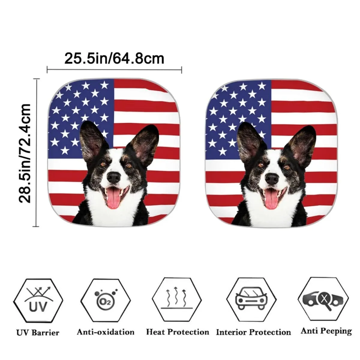 Custom Pet Face American Flag Car Windshield Sun Shade 2-Piece Personalized Car Front Sunshade