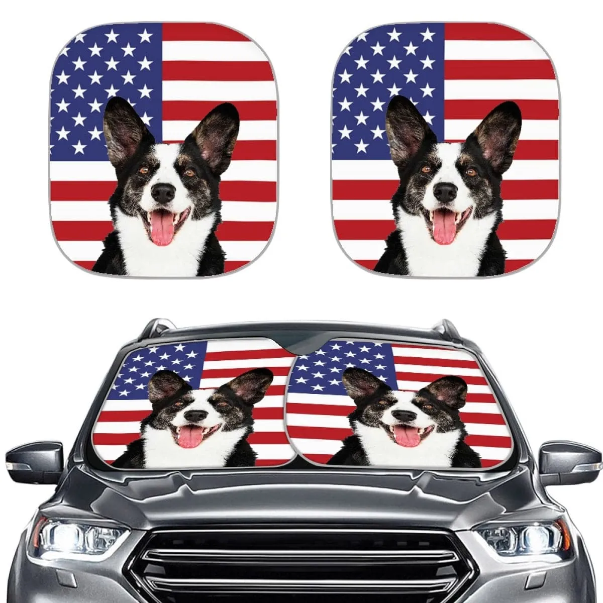 Custom Pet Face American Flag Car Windshield Sun Shade 2-Piece Personalized Car Front Sunshade