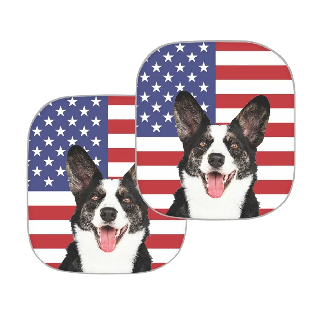 Custom Pet Face American Flag Car Windshield Sun Shade 2-Piece Personalized Car Front Sunshade