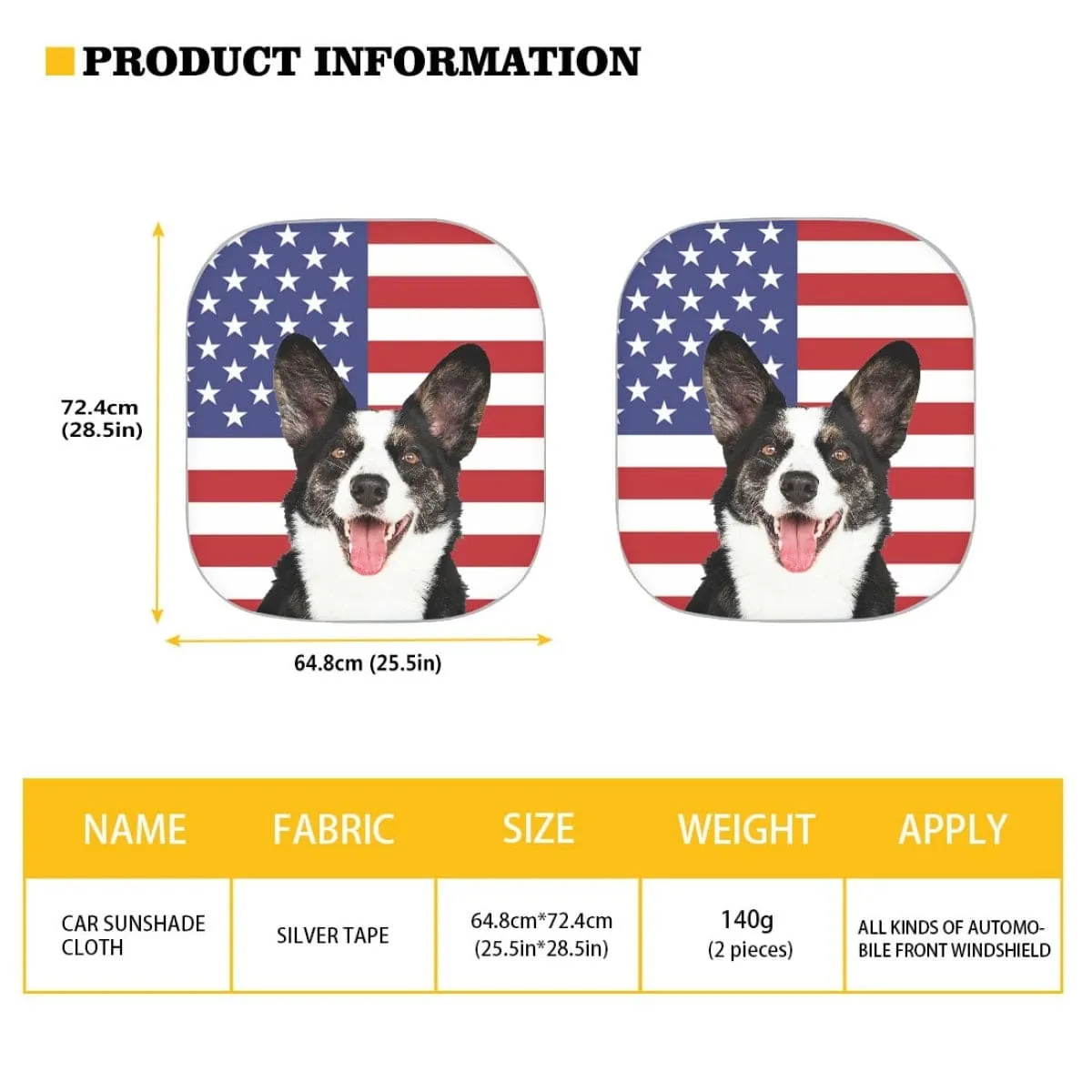 Custom Pet Face American Flag Car Windshield Sun Shade 2-Piece Personalized Car Front Sunshade