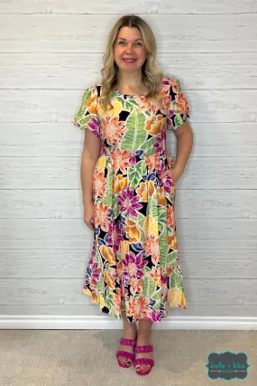 Dahlia Puff Sleeve Floral Midi Dress with Pockets