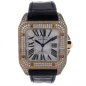 Estate Cartier Santos 100 with Silver Tone Dial and Diamond Case in 18k Yellow Gold