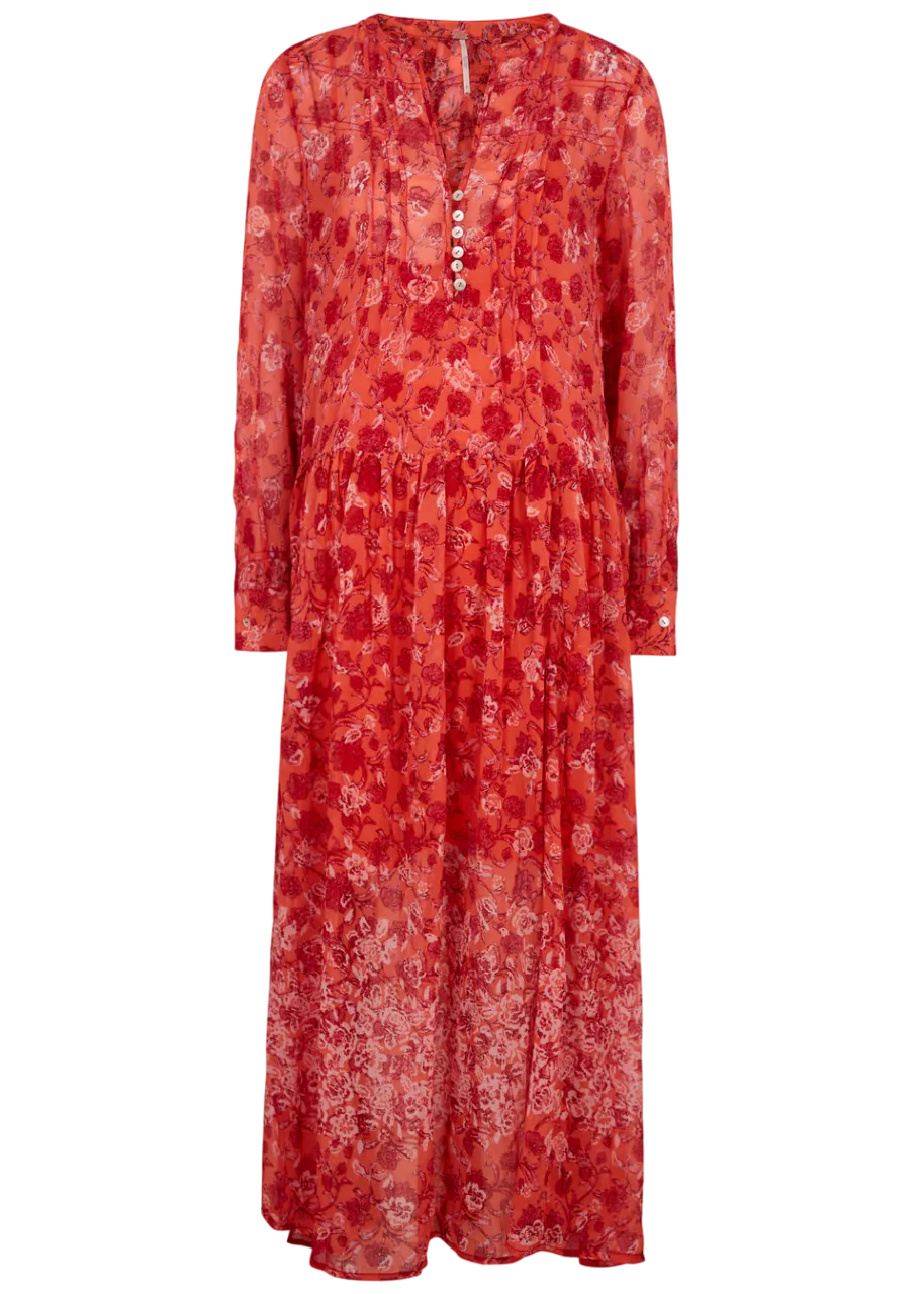 Free People Coral Red See It Through lined floral Dress UK XS