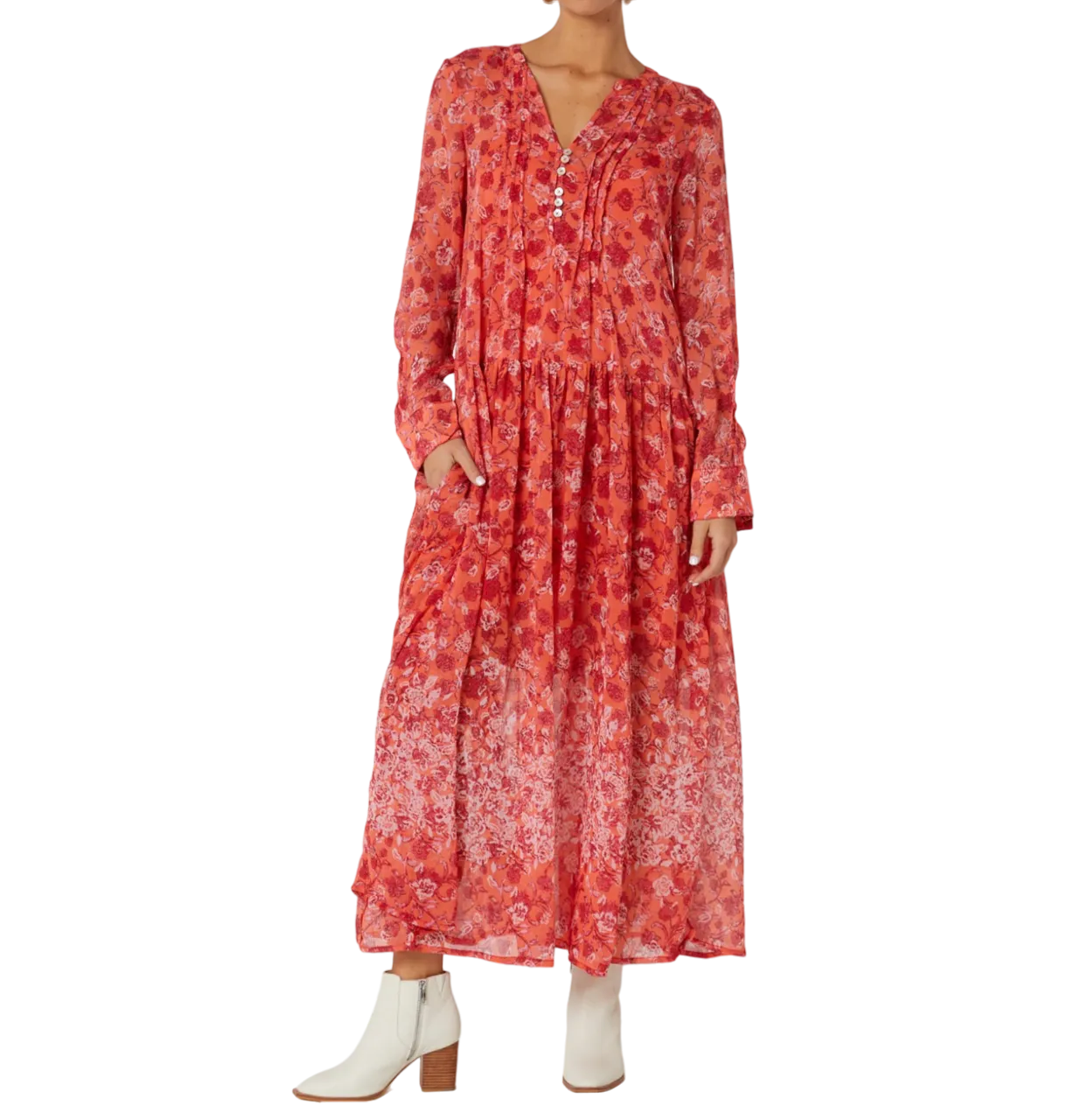 Free People Coral Red See It Through lined floral Dress UK XS