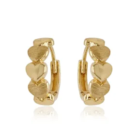 Gold Small Round Brushed and Shiny Hearts Hoop Earrings