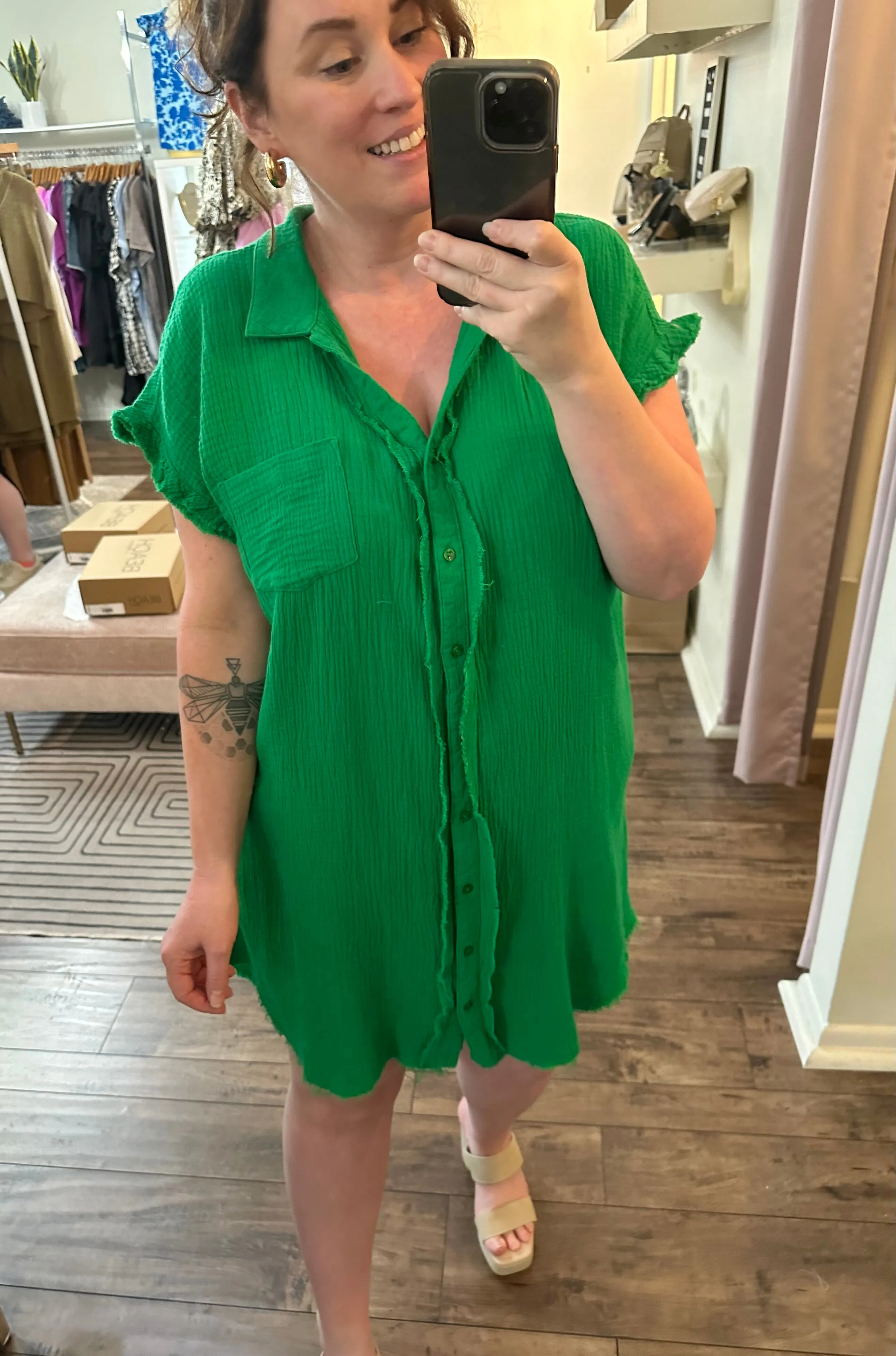 Kelly Green Gauze Shirt Dress