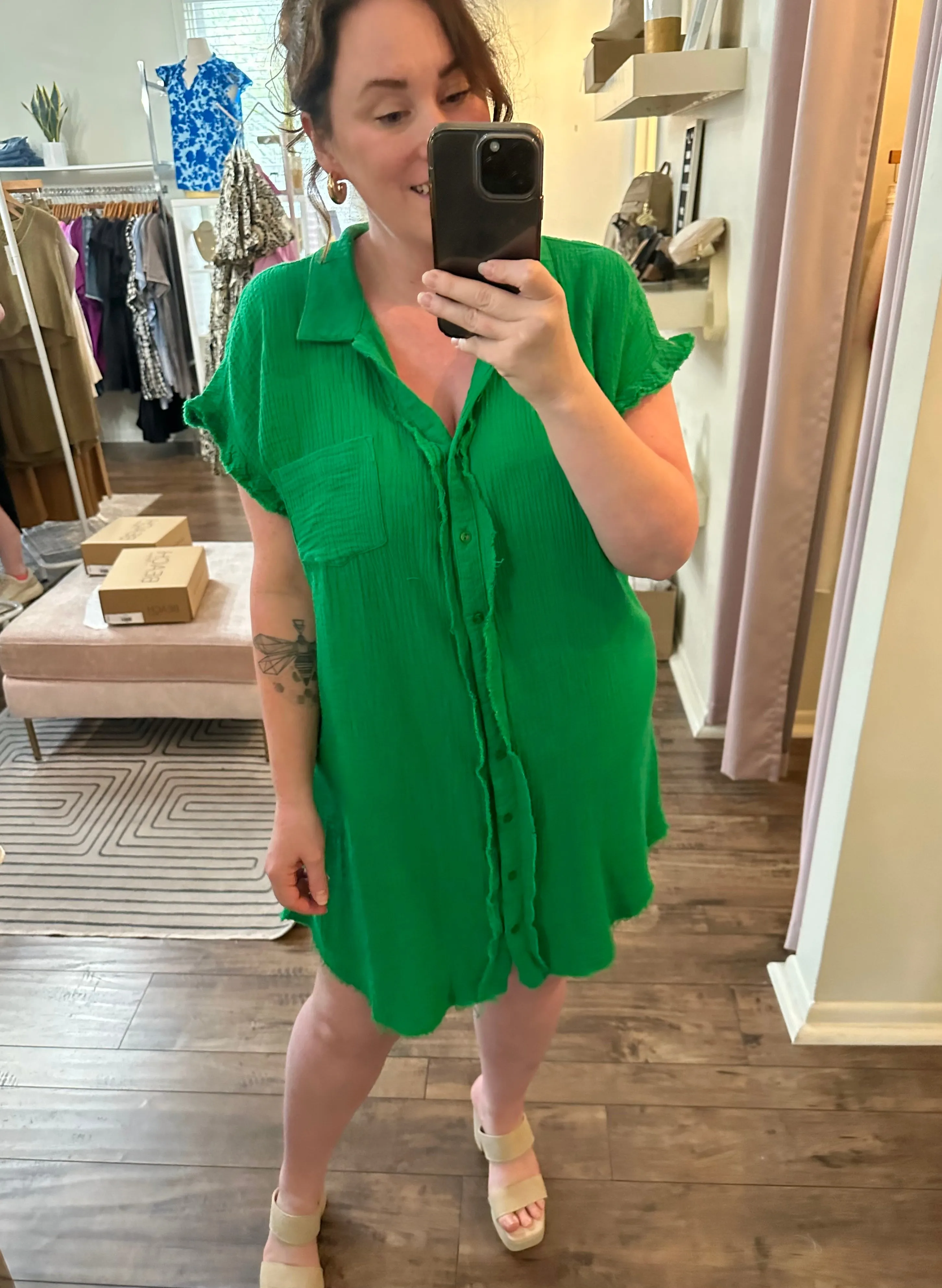 Kelly Green Gauze Shirt Dress