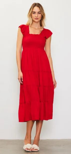 Kelsey Smocked Midi Dress in Red