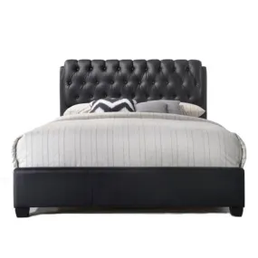 King Tufted Black Upholstered Faux Leather Bed With Nailhead Trim