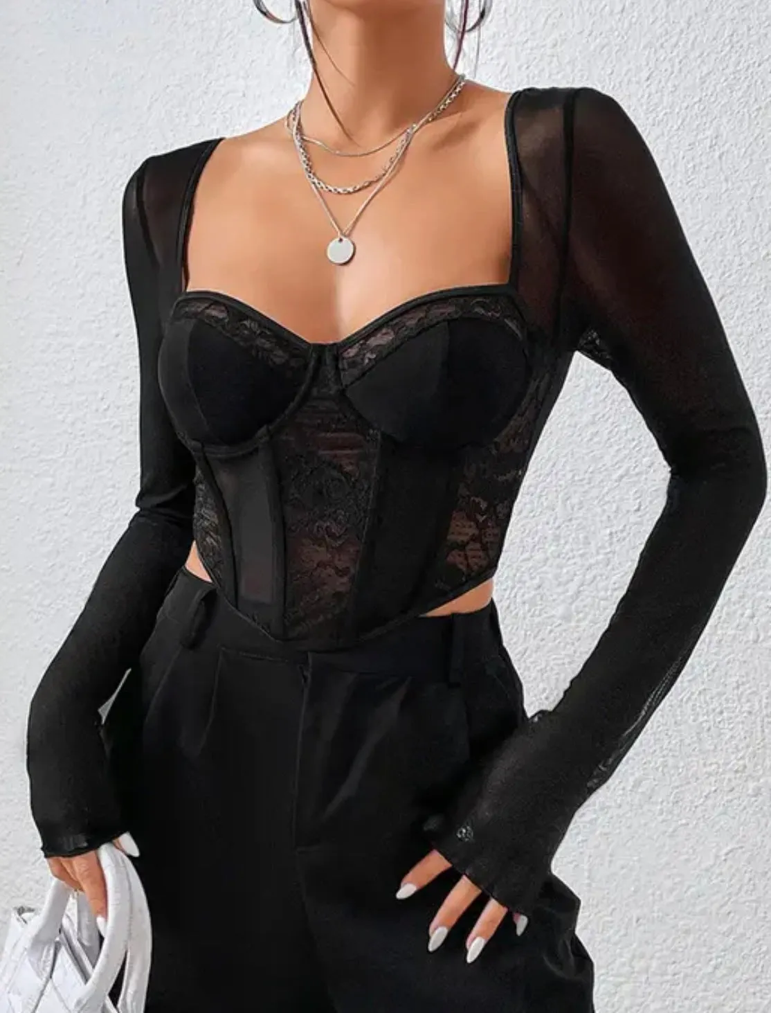 Lace and mesh underwire bustier top