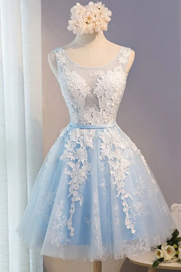 Light Blue Tulle Lace Applique Short Homecoming Dresses with Straps