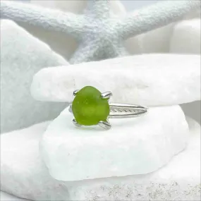 Lime Green Sea Glass Ring in Sterling Silver Decorative Band Size 7 | #1820