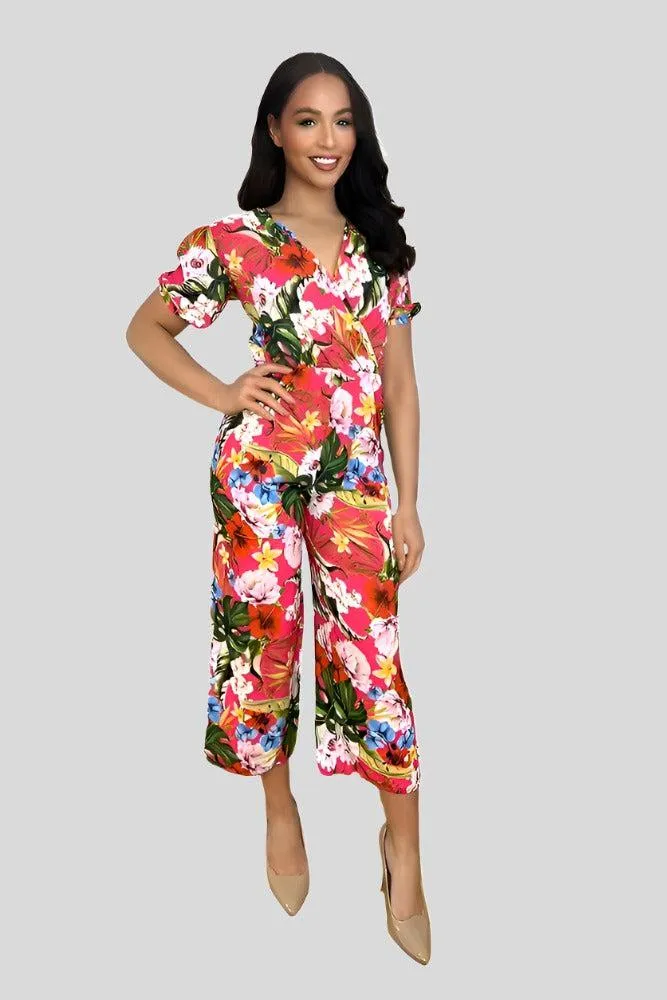 Multicolour Floral Print Deep V- Neck Cropped Leg Jumpsuit