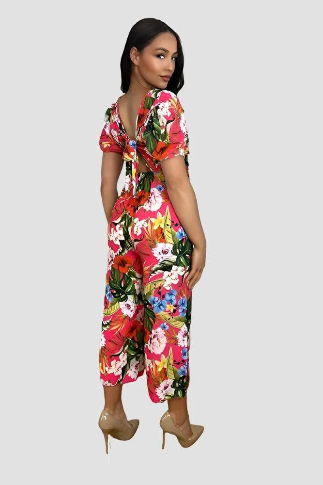 Multicolour Floral Print Deep V- Neck Cropped Leg Jumpsuit