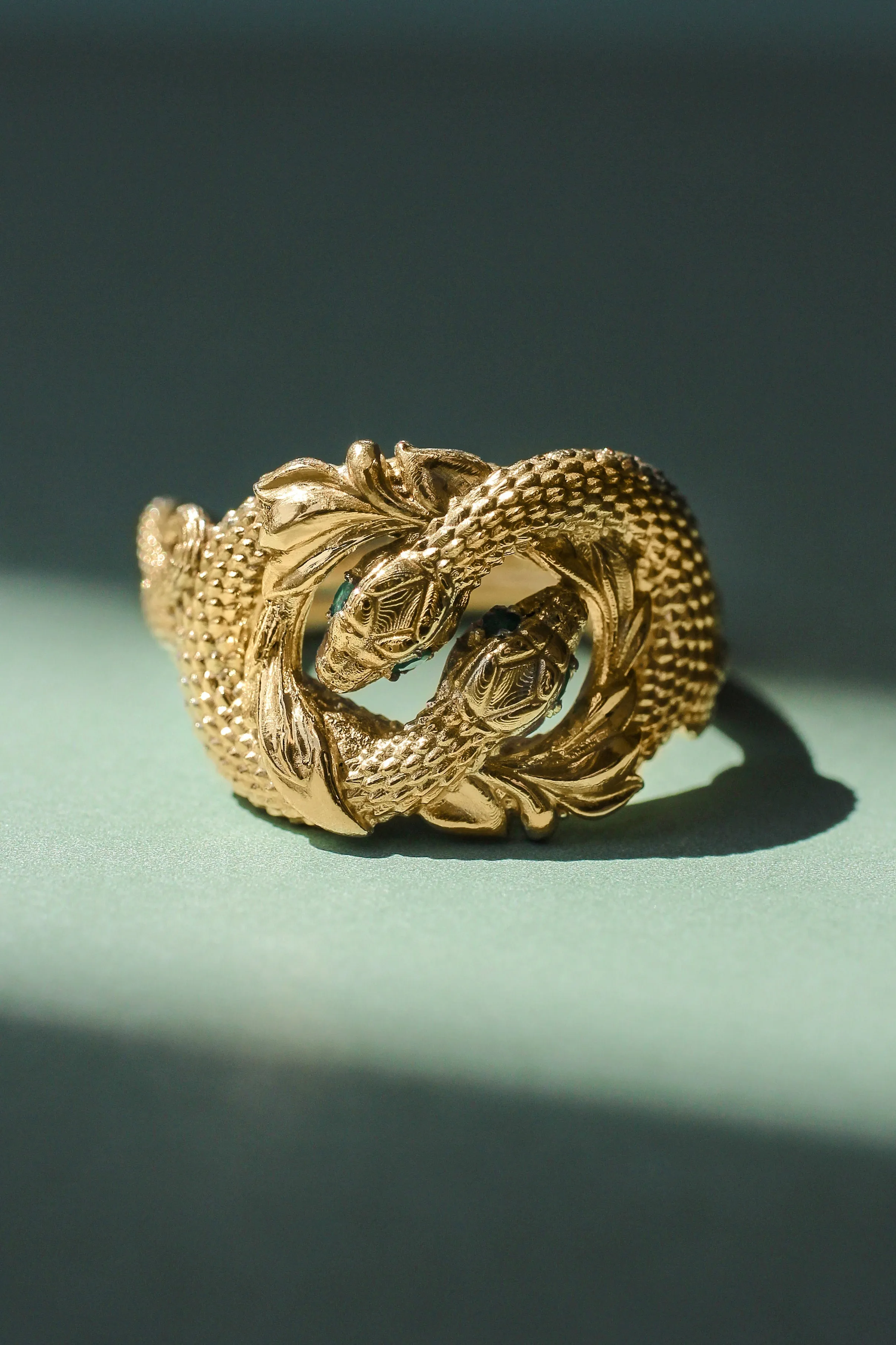 READY TO SHIP: Ring of Barahir in 14K yellow gold, natural emeralds, RING SIZE - 8 US