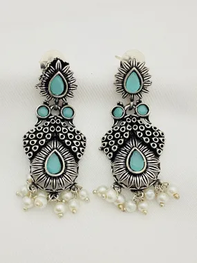 Stunning Stone Beaded Floral Designed Silver Toned Oxidized Earrings With Pearl Drops