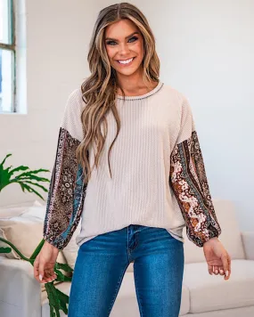 Tasha Taupe Corded Top with Contrasting Sleeves