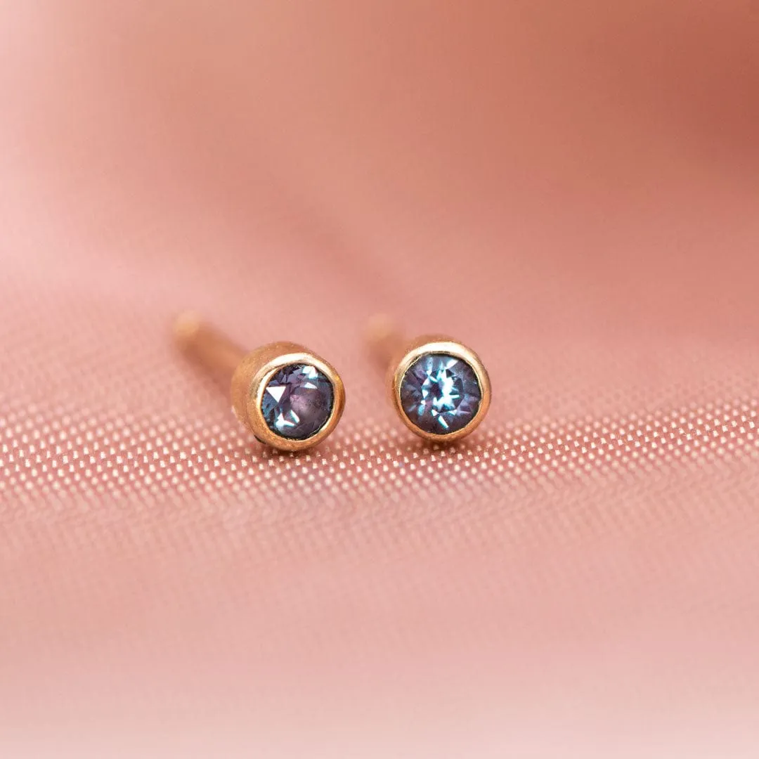 Tiny Alexandrite Bezel Set 14k Gold or Platinum Stud Earrings