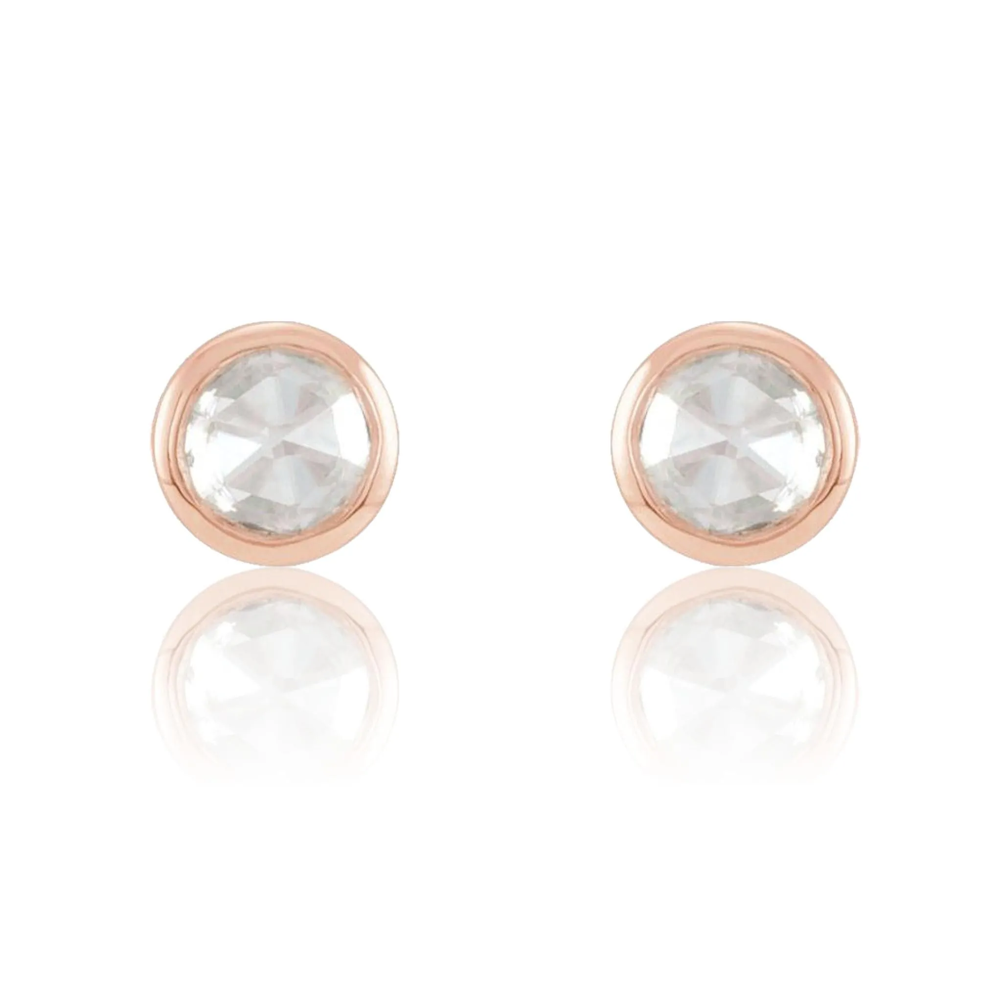 Tiny White Rose Cut Diamond Bezel Gold or Platinum Stud Earrings