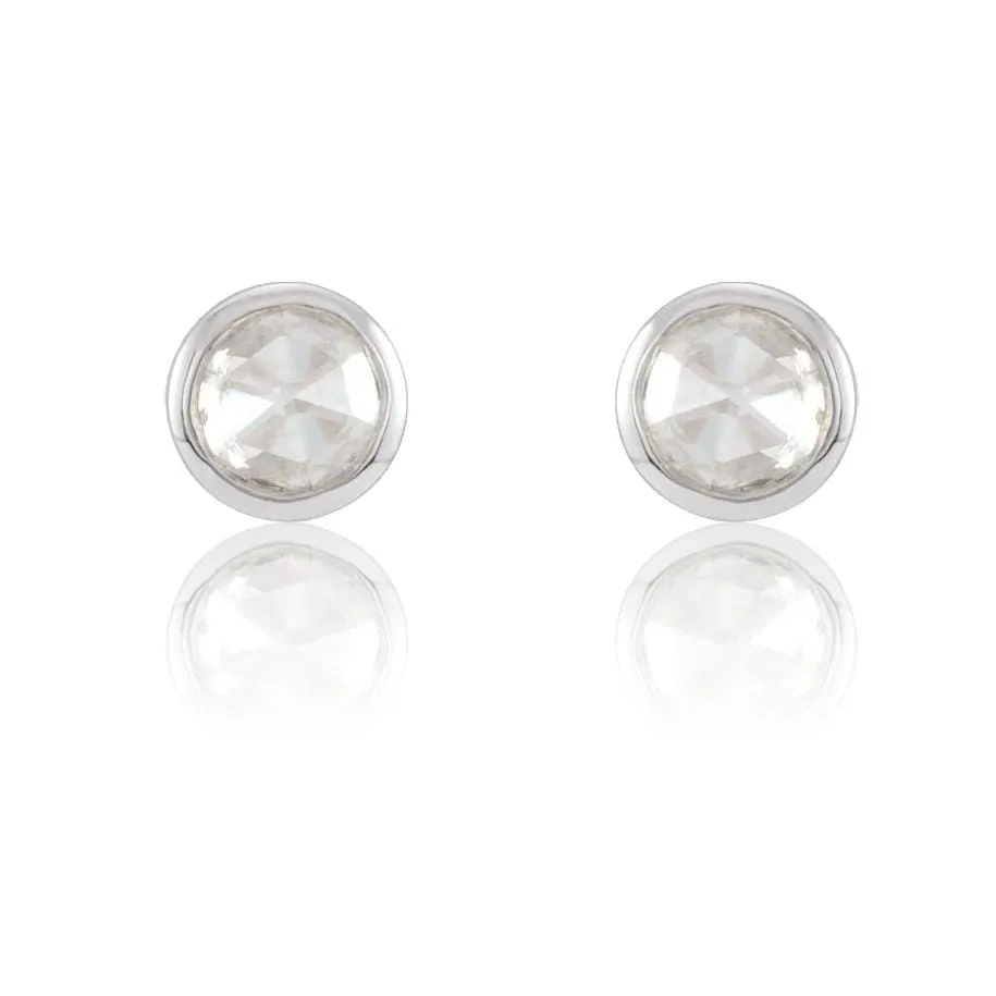 Tiny White Rose Cut Diamond Bezel Gold or Platinum Stud Earrings