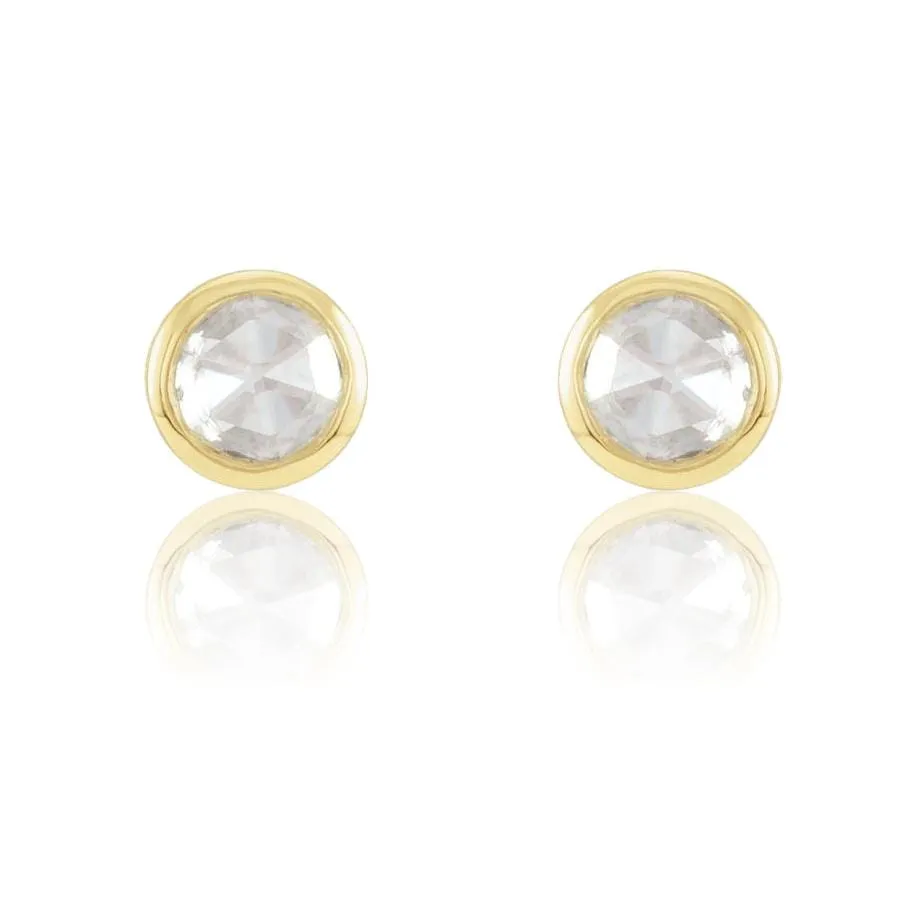 Tiny White Rose Cut Diamond Bezel Gold or Platinum Stud Earrings