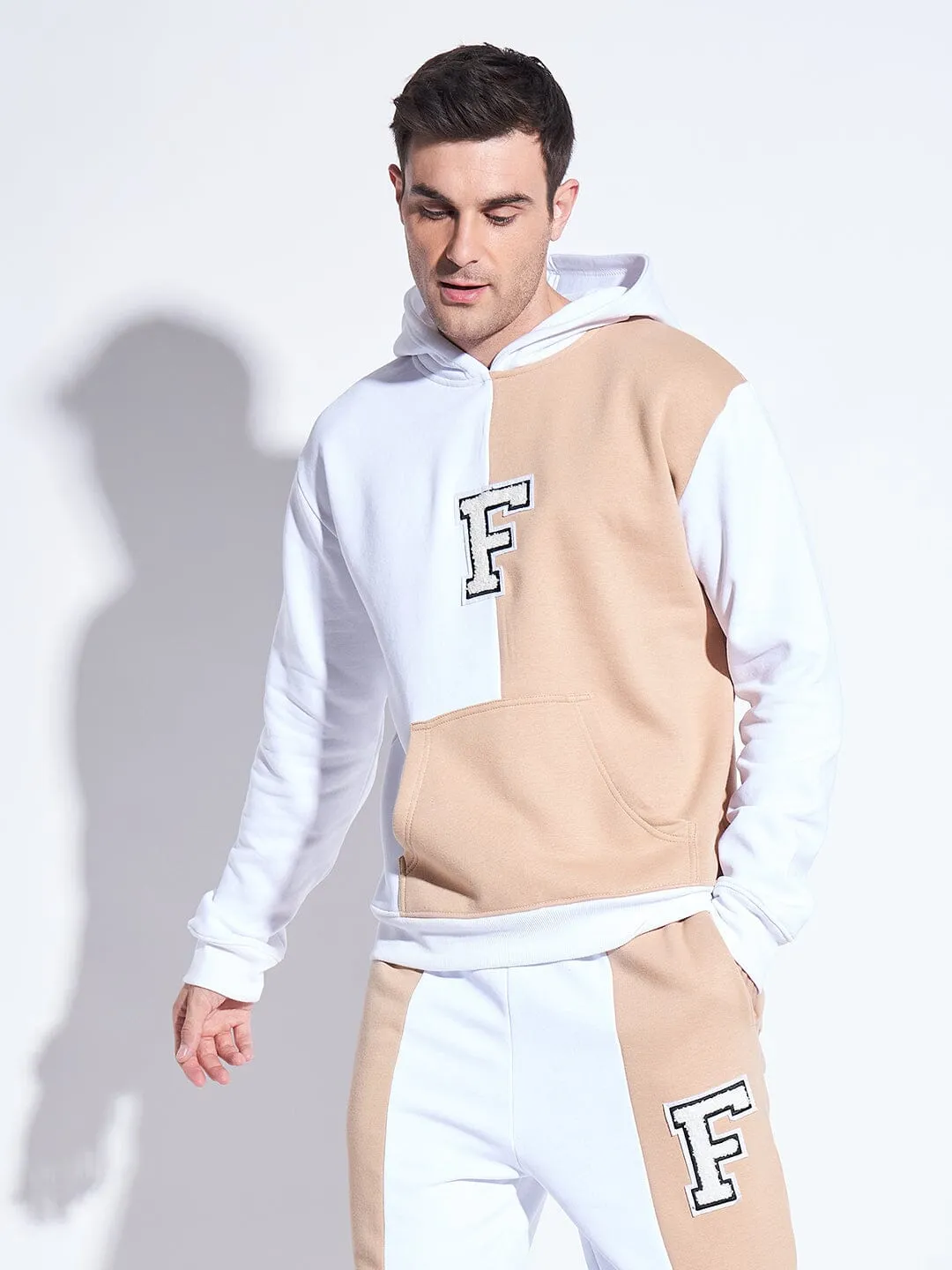 White & Beige Cut Sew Hooded Sweatshirt