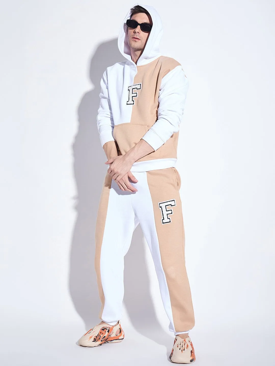 White & Beige Cut Sew Hooded Sweatshirt