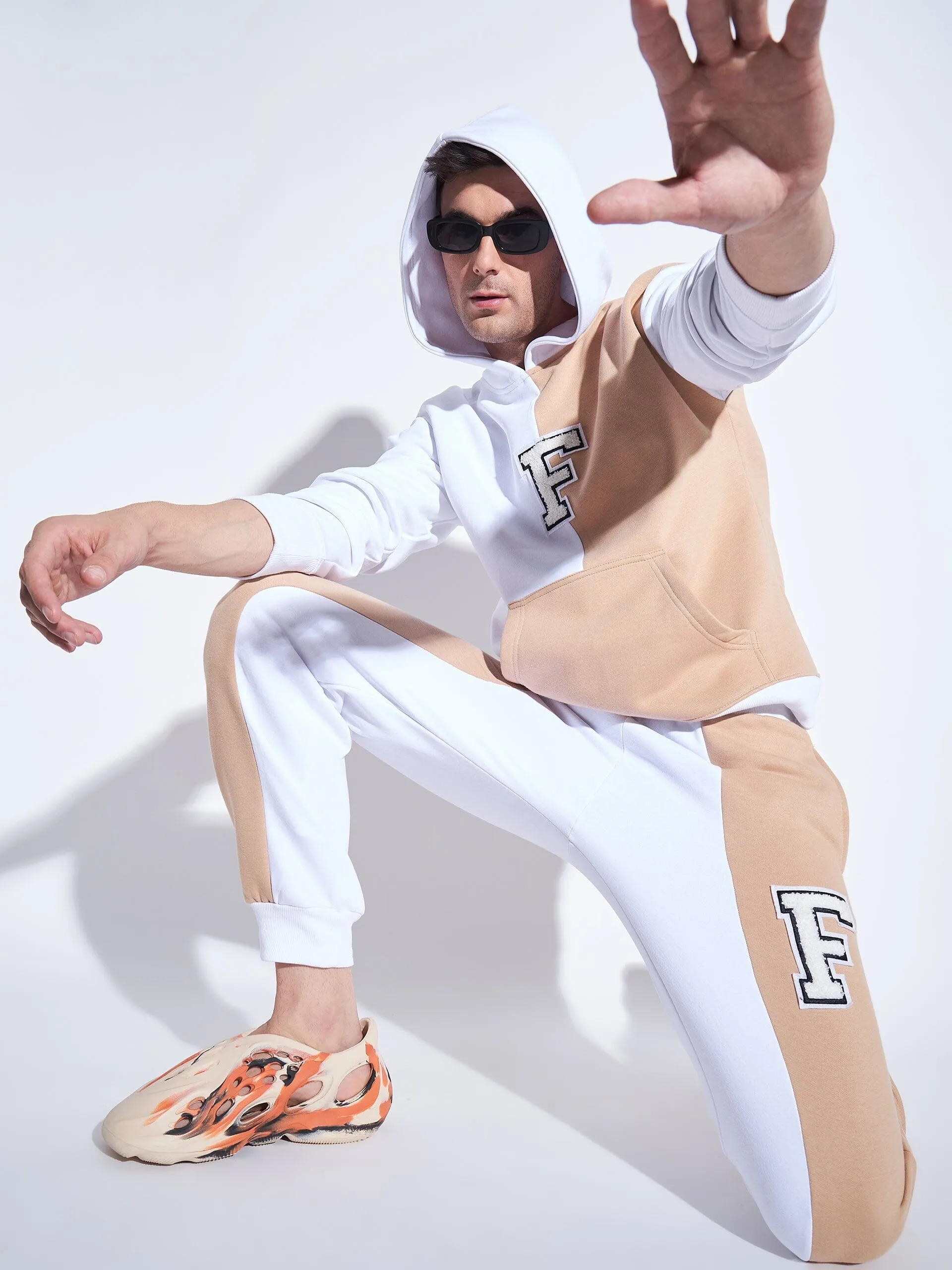 White & Beige Cut Sew Hooded Sweatshirt