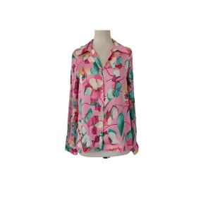 ZARA Pink and Green Floral Printed Satin Collared Shirt | Like New |